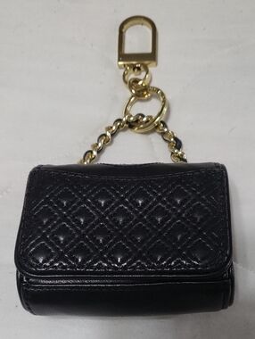 Tory Burch Black Quilted Leather Key & Card Holder with Gold Chain "NEW"